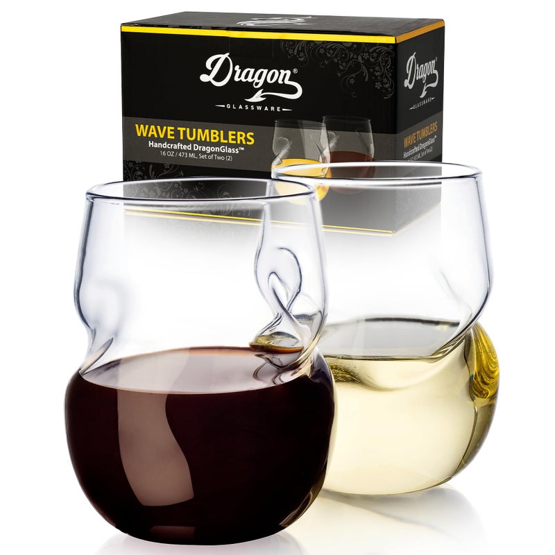 Dragon Glassware Stemless Wine Glasses - 16 oz Clear Short Wine Glasses Set of 2 with Finger Indentations - Aerates Naturally - Image 1